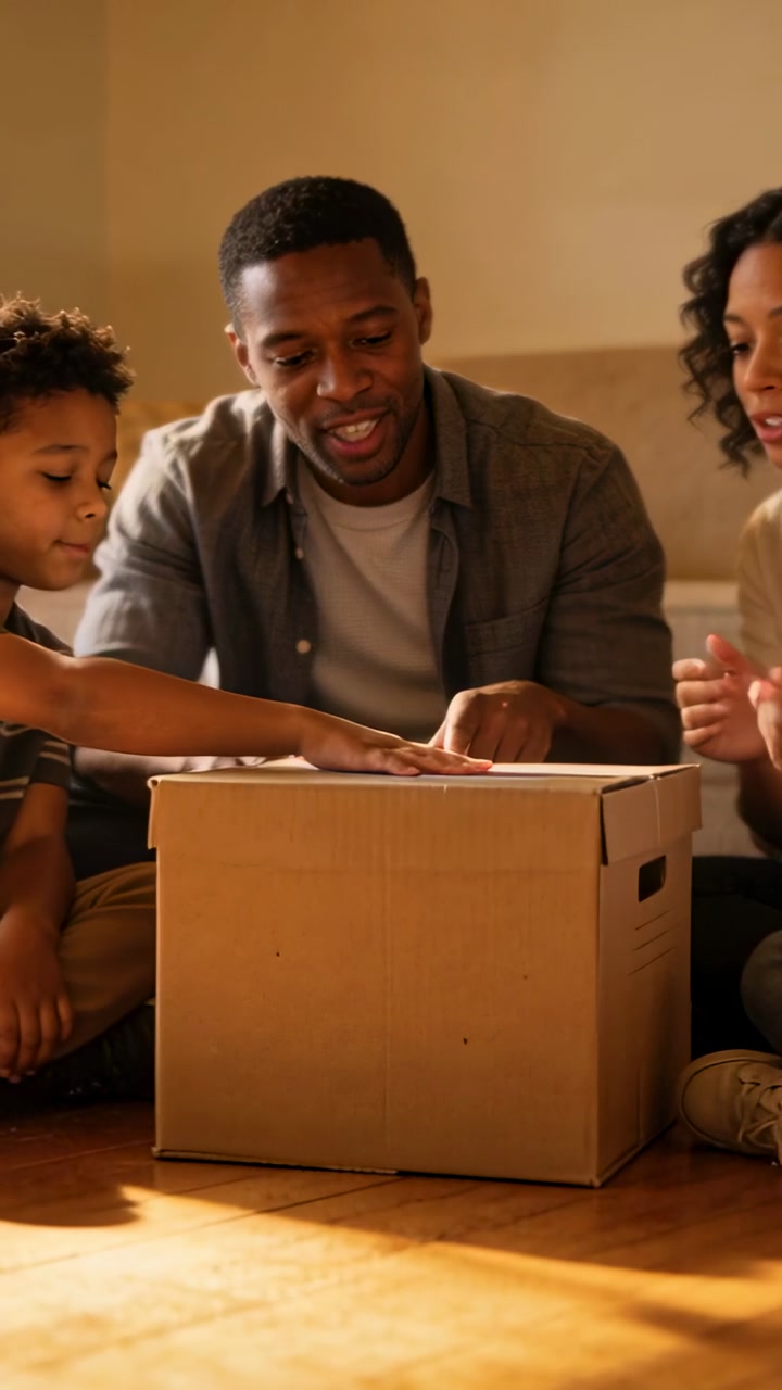 Vertical video: Pointing dad urging child touching box on floor at home, parents preparing opening
