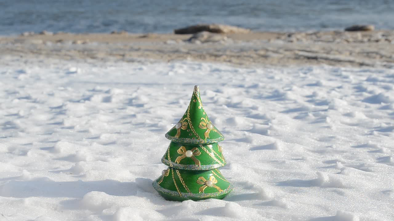 Abete di Capodanno sulla spiaggia. Scatto sulla spiaggia