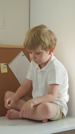 un lindo niño rubio se sienta en el escritorio cerca de la tabla de corcho y la ventana. niño descalzo examina un pedazo de papel con un alfiler para notas. niño en edad preescolar descansa en la sala de estudio en casa