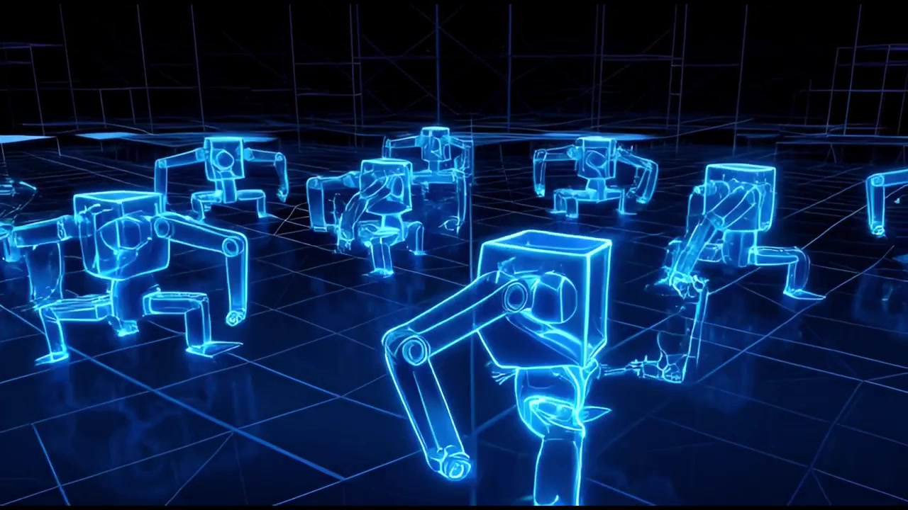 Group of Glowing Blue Robotic Figures Performing Synchronized Movements