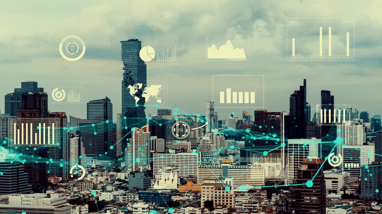 L'interfaccia analitica dei dati aziendali sorvola la città intelligente mostrando il futuro dell'alterazione