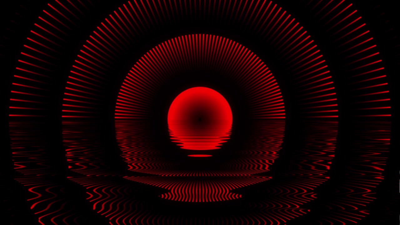 Abstract Red Glowing Sun with Concentric Lines and Water Reflection