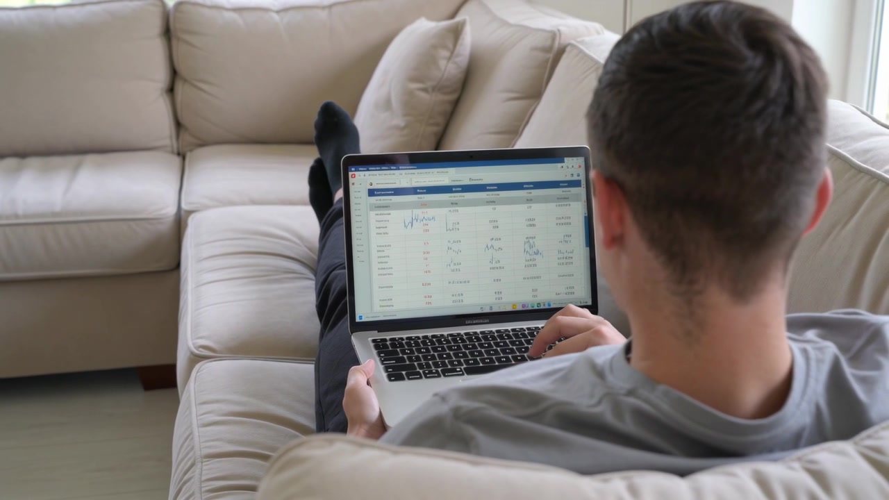 Adjusting man in grey tee moving laptop on beige sofa, tapping keyboard and reading dashboard