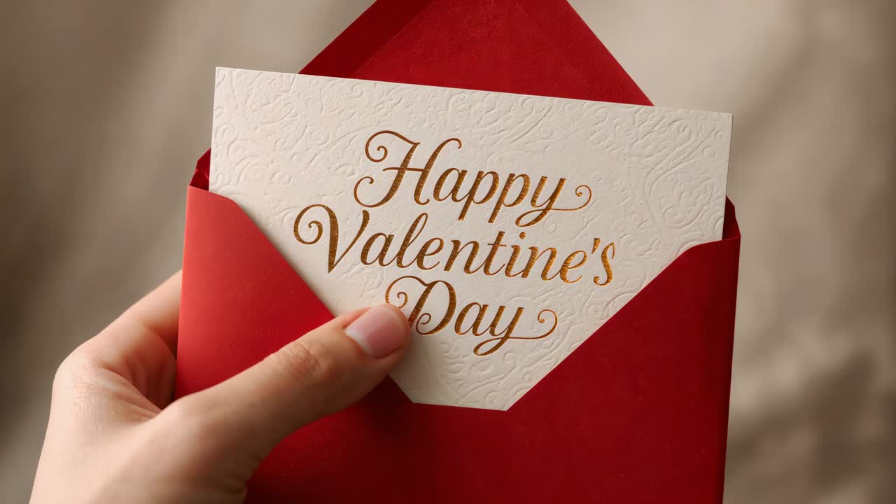 Sliding left hand entering frame holding red envelope presenting white Valentines card at home