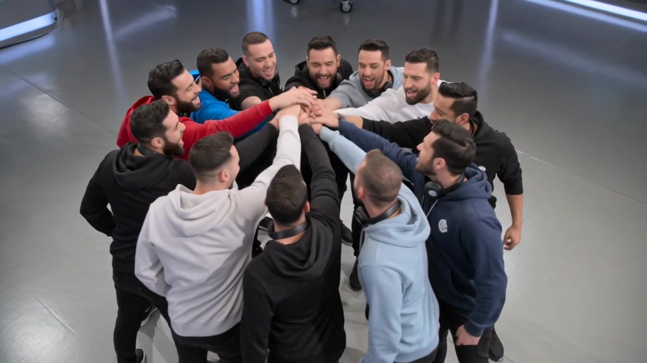 Equipo apiñado empujando las manos apiladas hacia adelante en el estudio a una señal vocal para animarse, con cámaras y sudaderas con capucha.