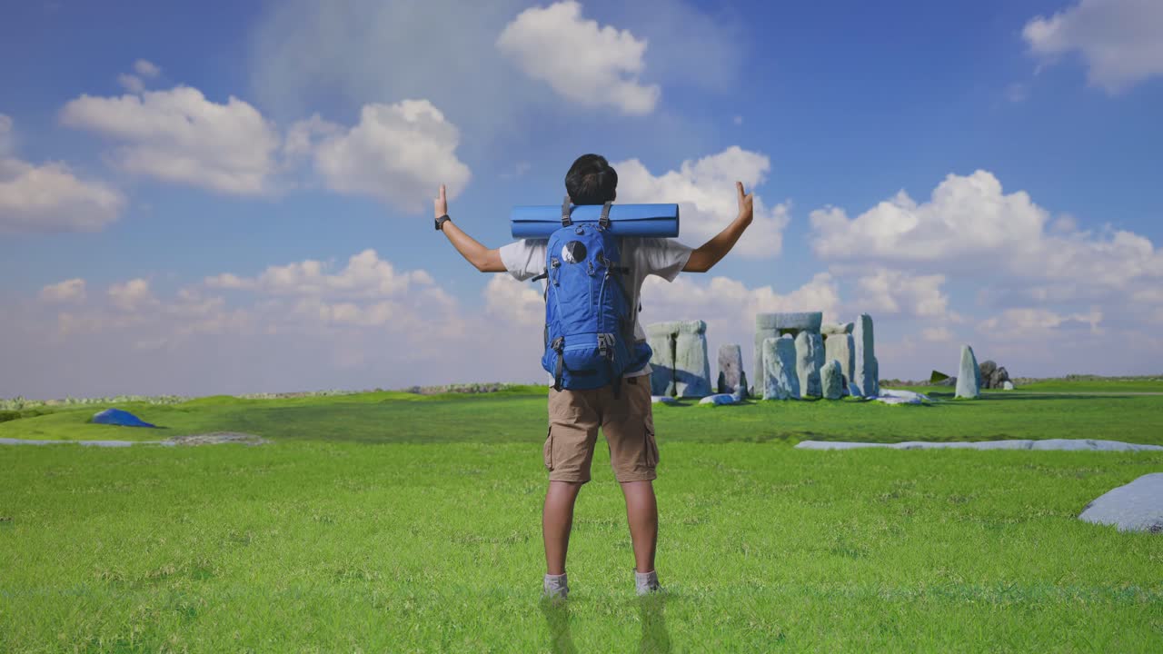 Full Body Back View Of A Male Hiker With Mountaineering Backpack Spreading Arms And Looking The View Around While Traveling In Stonehenge