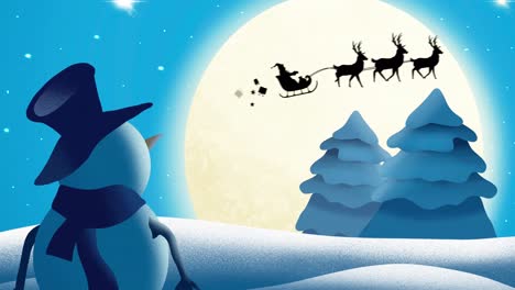 Silueta-De-Santa-Claus-En-Trineo-Tirado-Por-Renos-Contra-La-Luna,-El-Hombre-De-Nieve-Y-La-Tierra-Invernal