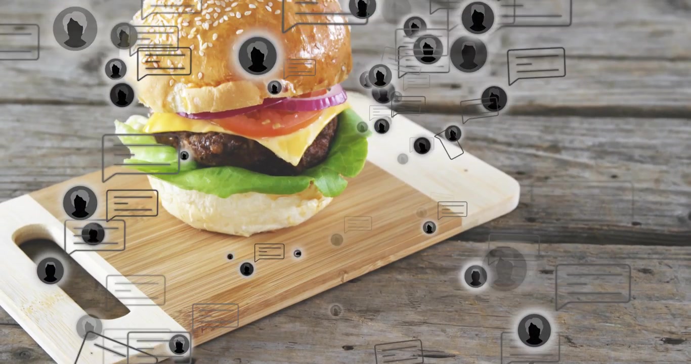 Avatares flotantes apareciendo, burbujas de chat agrupándose, zoom de cámara, ensamblaje de hamburguesas, marketing