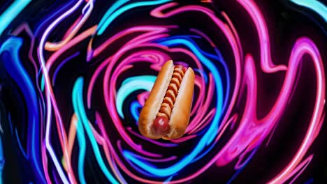 rotating hot dog drifting amid vibrant psychedelic swirls, dancing against pristine white background with mesmerizing colorful motion