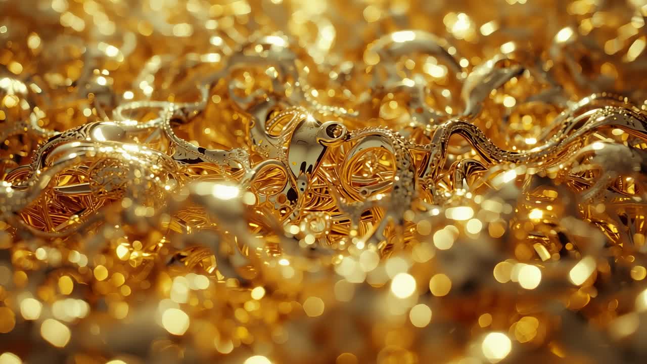 Advancing camera in scene revealing golden tendrils loops, lattice shifting focus with bokeh lights