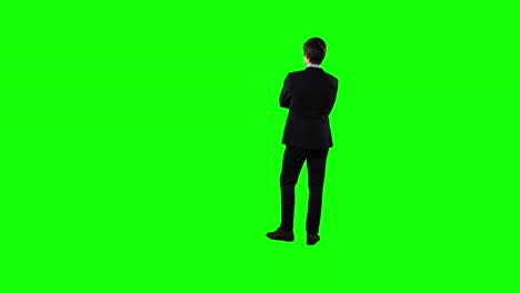 vista trasera de un hombre de negocios esperando con pantalla verde