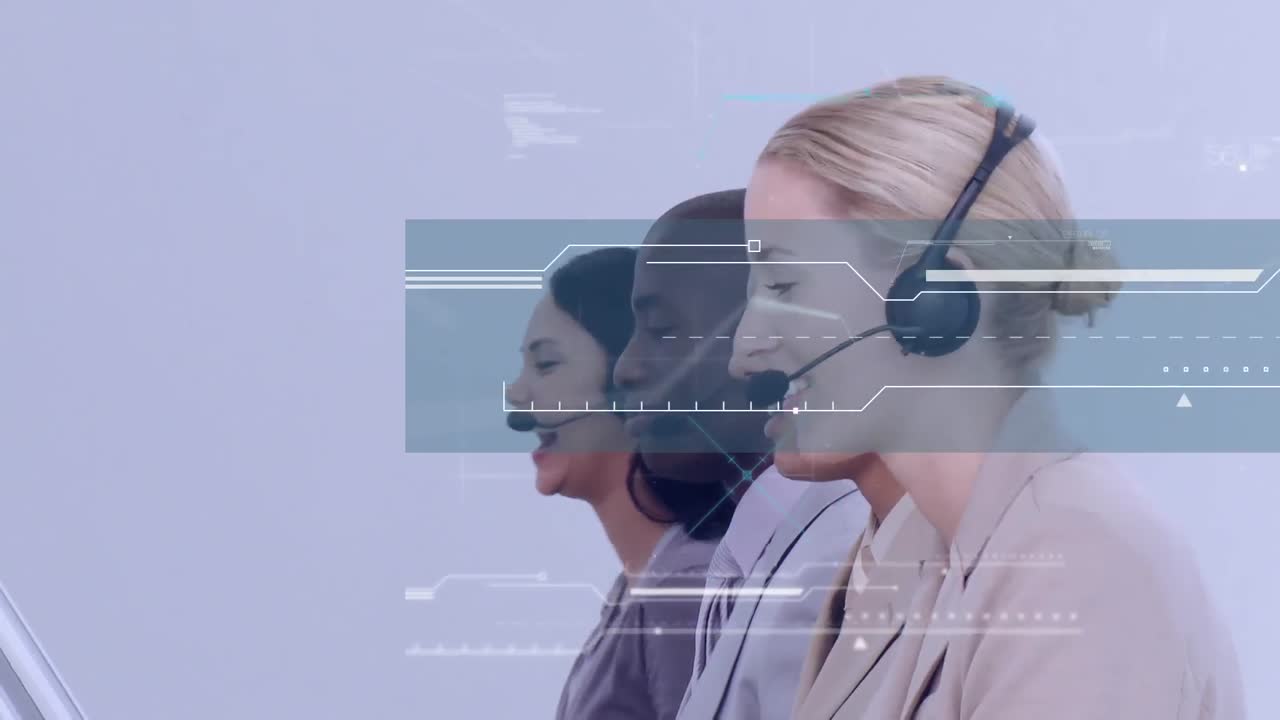 Animation of data processing over business people using phone headsets