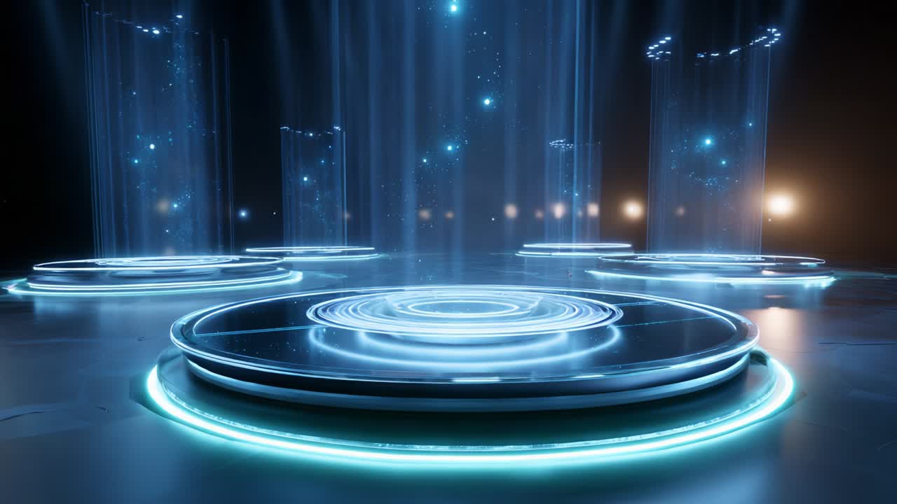 An Immersive Visual Experience of High-Tech Platforms Surrounded by Ethereal Light and Shimmering Rays, Creating an Atmosphere of Innovation and Futuristic Design in a Digital Arena