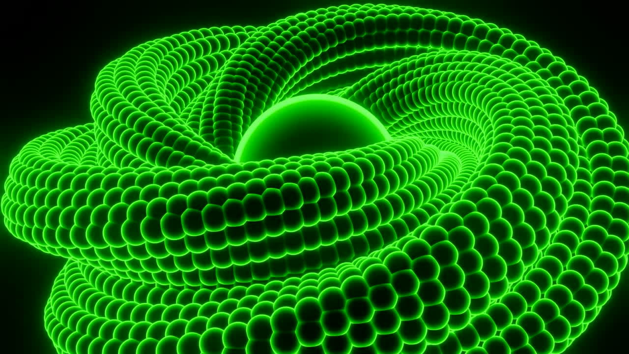 Swirling spiral around sphere. Design. 3D cord twists endlessly into center. Neon spiral swirls around sphere. 3D spiral of many points rotates inside center
