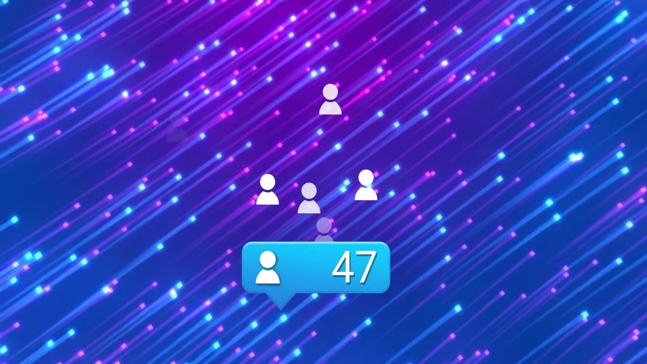 Emerging light-blue chat bubble updating numeric count as silhouettes joining against neon backdrop