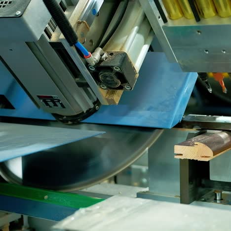 modern equipment for cutting wood. automated machine for doors production in workshop. making furniture indoors. close-up.
