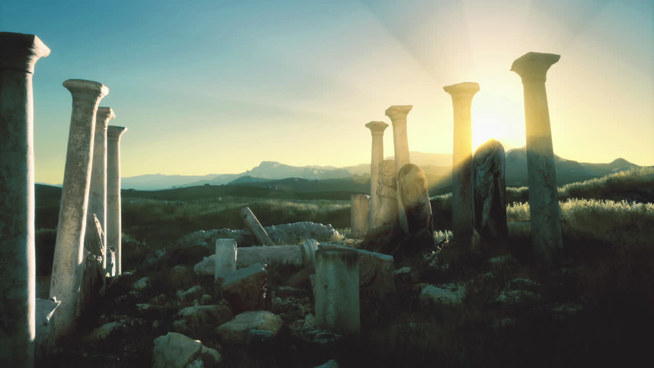 Ruins of ancient columns basking in the sunlight at dusk in a remote landscape