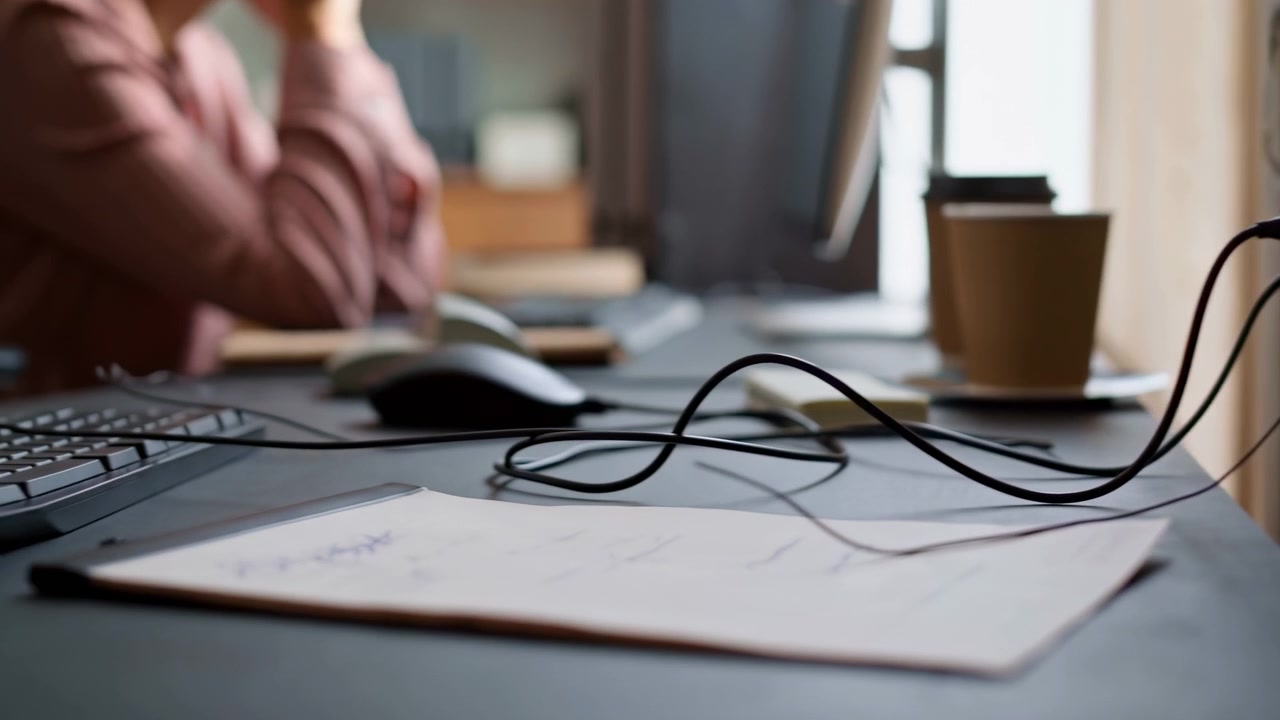 Close-up office workspace showing three charging cables plugged into wall outlet, cords crossing matte desktop beside keyboard, mouse, papers, and devices, with seated worker speaking on phone nearby