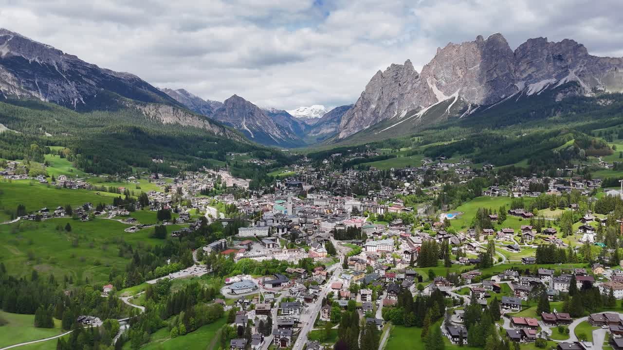 Drone view of Cortina d’Ampezzo and Dolomite mountain range
