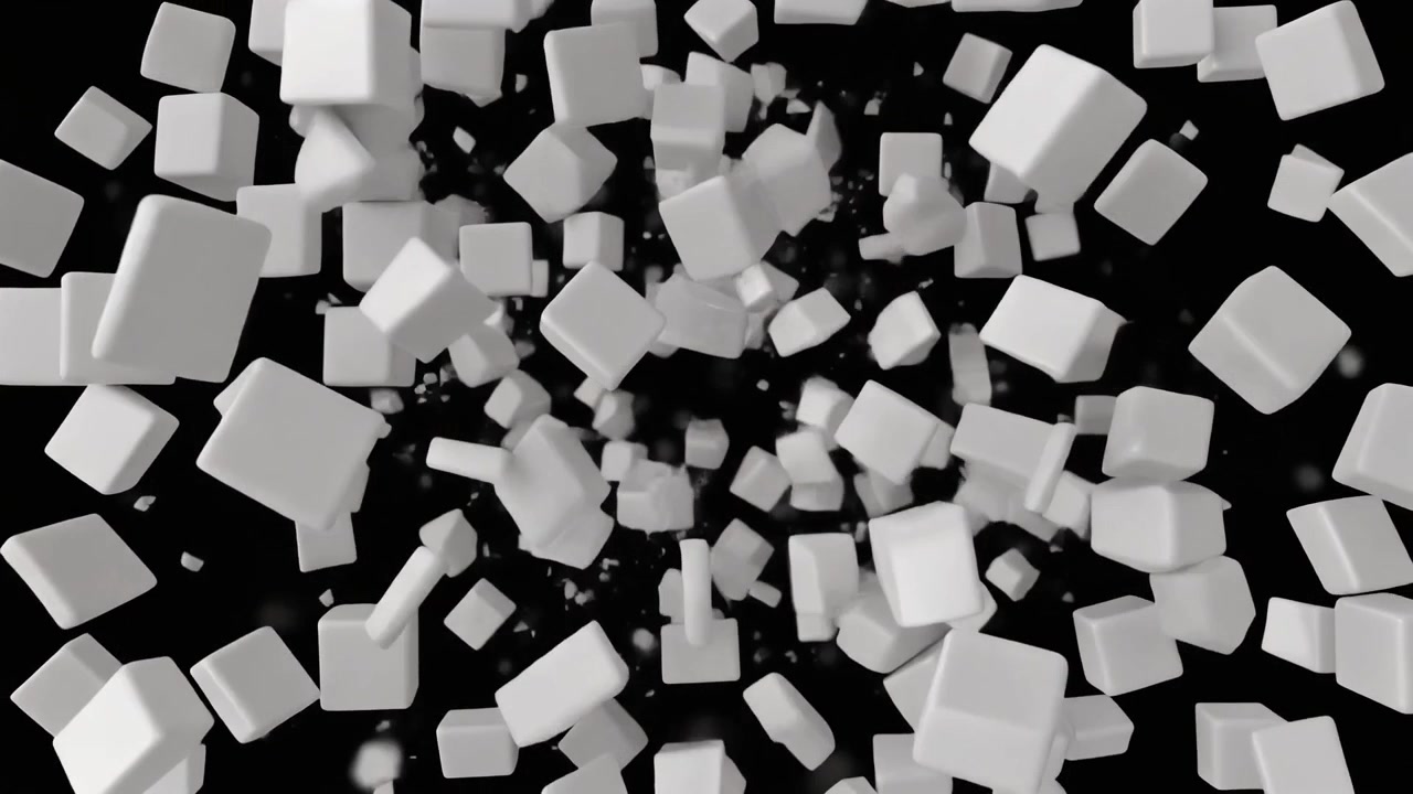 Animazione astratta di cubi bianchi che esplodono nello spazio