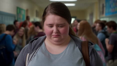 teen girl feeling sad in school hallway