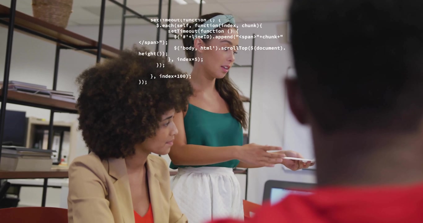 Animation of data processing over diverse colleagues talking in creative office