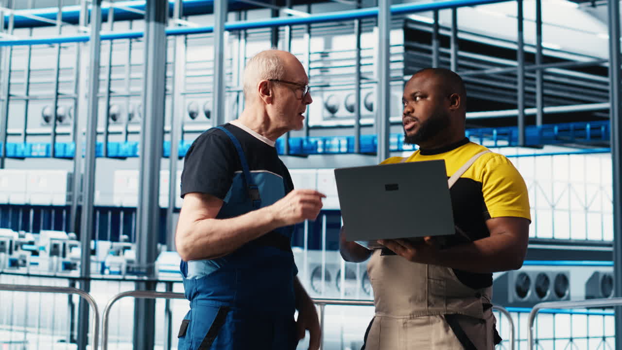 Senior engineer in smart photovoltaics factory guiding new trainee