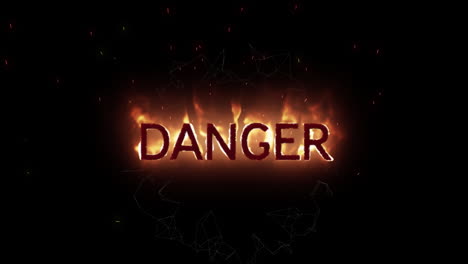 animation of orange flaming text danger, on black background