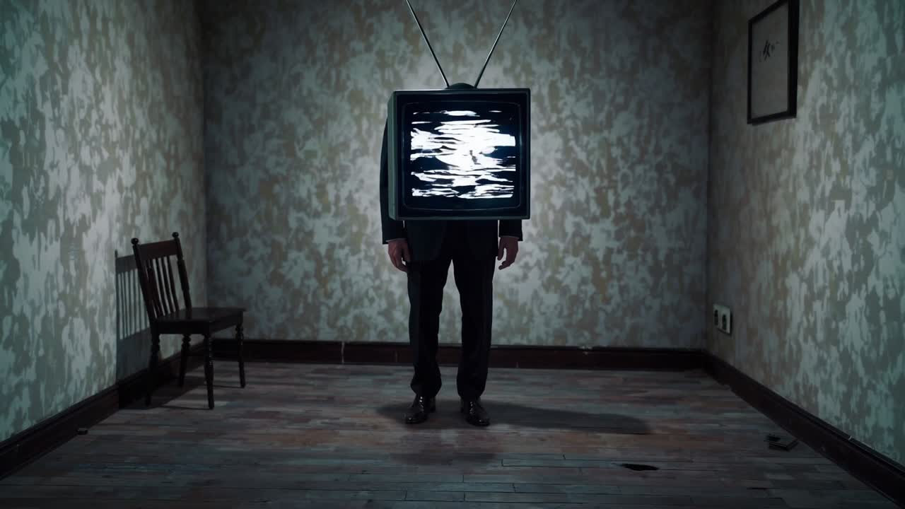 Surreal scene of a man with a television for a head, standing in an empty room with scattered debris, evoking themes of isolation and disconnection in a haunting setting