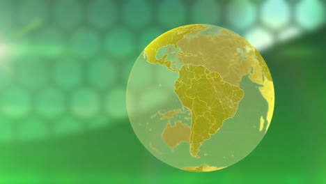 Spot-of-light-and-globe-icon-against-hexagonal-shapes-on-green-background-with-copy-space