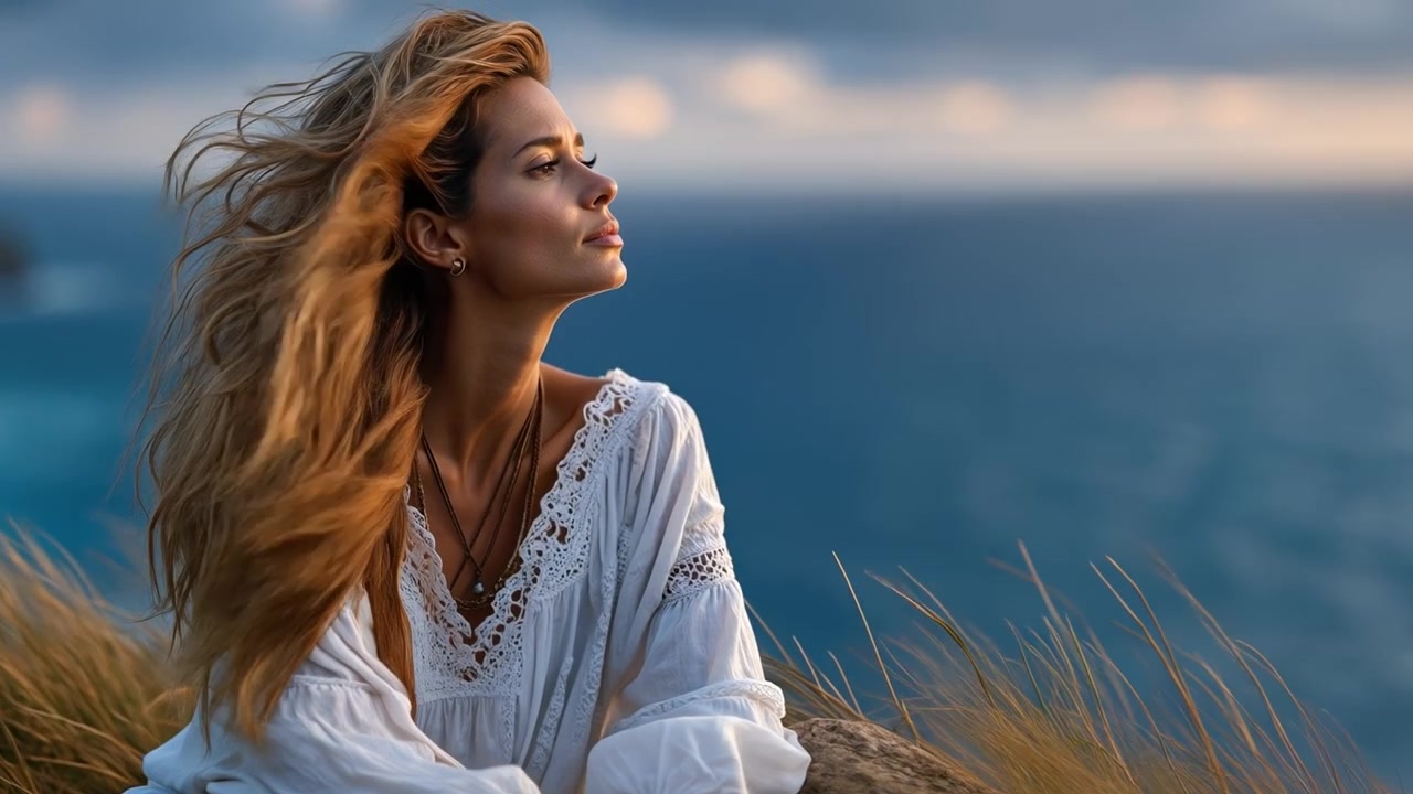 Giovane donna con un vestito di pizzo bianco seduta su una scogliera erbosa che si affaccia sull'oceano
