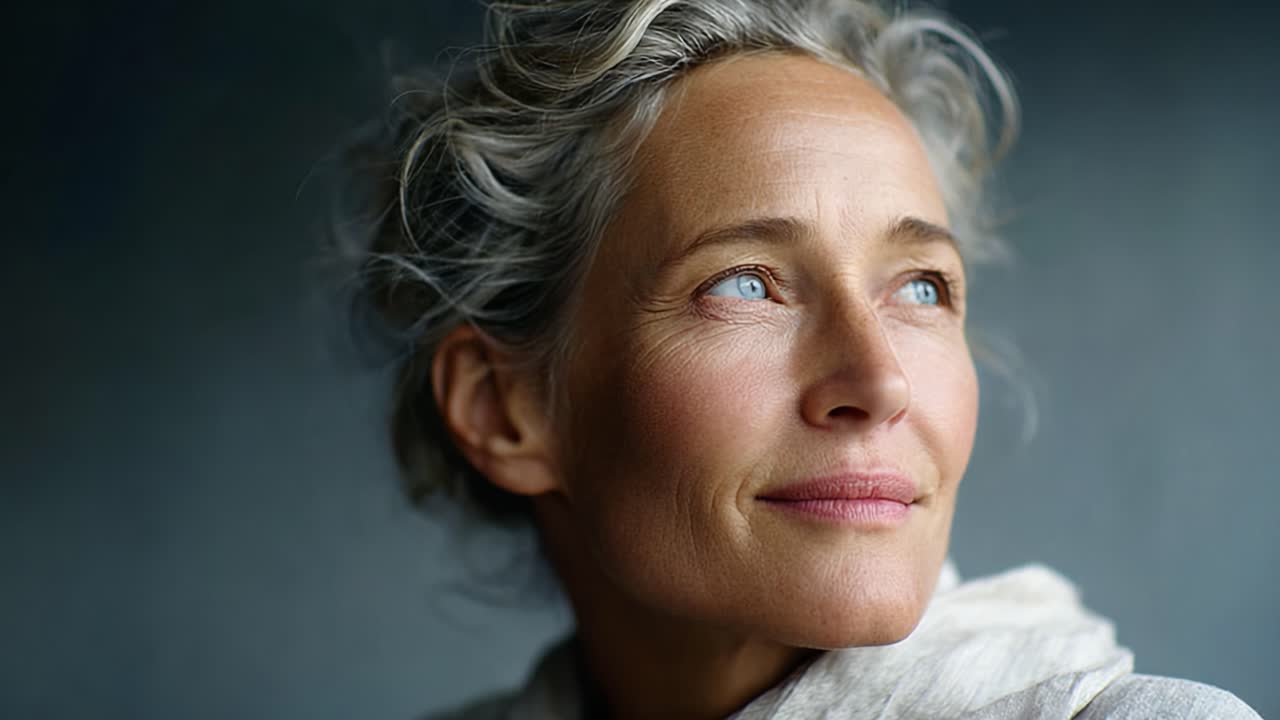 A Portrait of Timeless Beauty: Capturing the Grace and Confidence of a Mature Woman with Radiant Blue Eyes and Natural Elegance