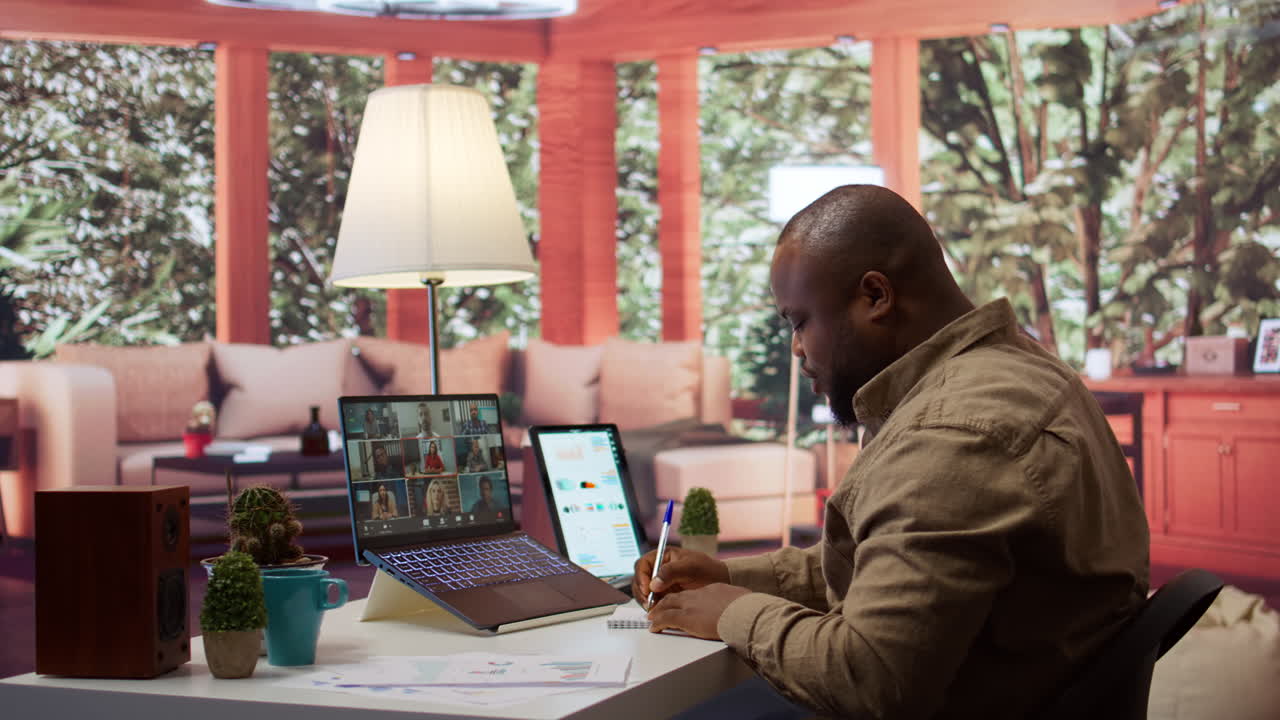 Businessman presents annual sales reports to the shareholders on videocall