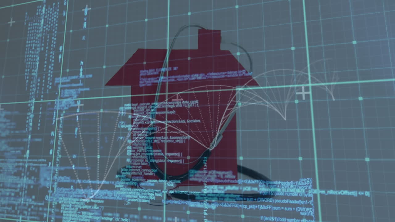 파란색 배경에 데이터와 dna를 가진 디지털 화면의 애니메이션