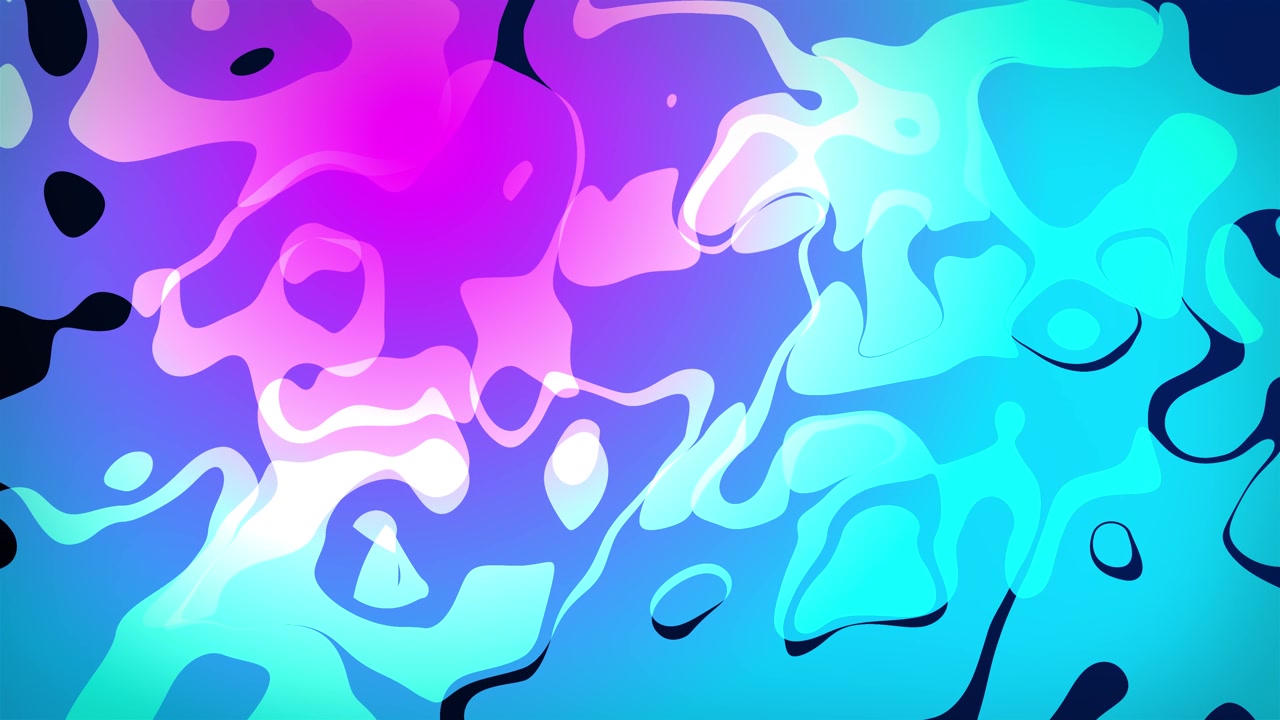 Fondo animado 2D de manchas de fluido abstracto que fluyen y formas líquidas superpuestas que se transforman con efectos visuales de gráficos en movimiento y arte digital estampado, vibrantes tonos arremolinados de aguamarina, rosa y azul.