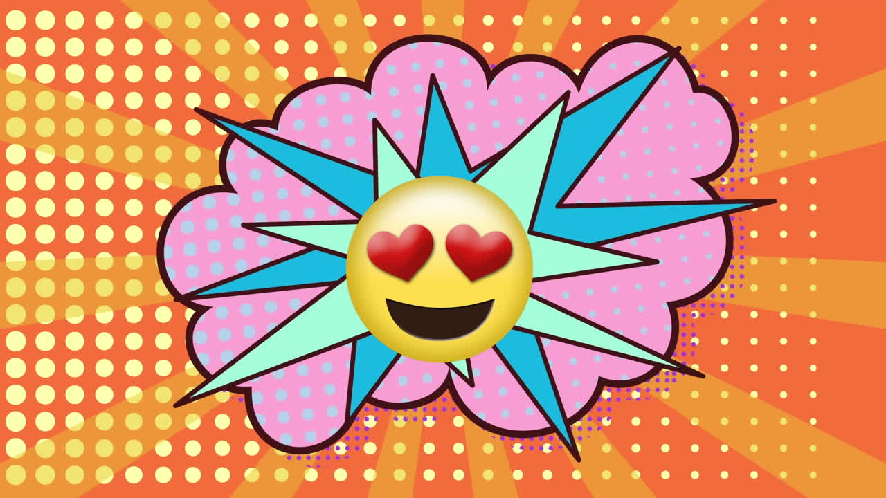 Animation of emoji icon over comic cloud icon on red background