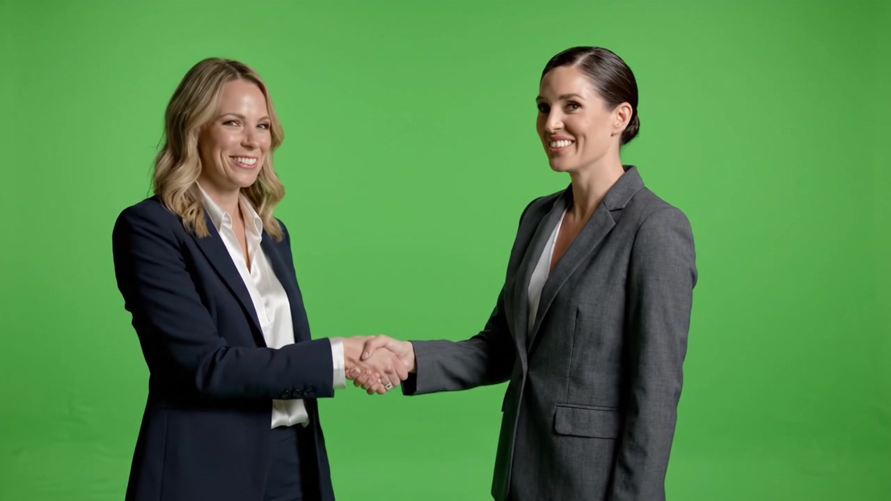 Due Donne Professioniste che Interagiscono Sorridendo su uno Sfondo Verde, Mostrando Fiducia e Cameratismo in un Contesto Lavorativo