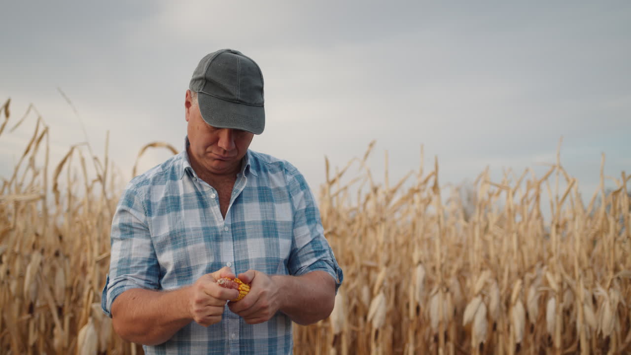 granjero de mediana edad estudiando mazorcas de maíz 1