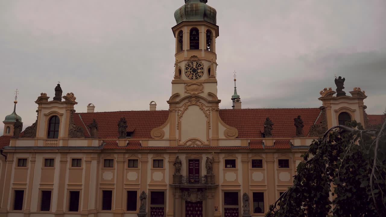 Tilt-up motion, pov looking up, Loreta Monastery, Prague, historic Czech building