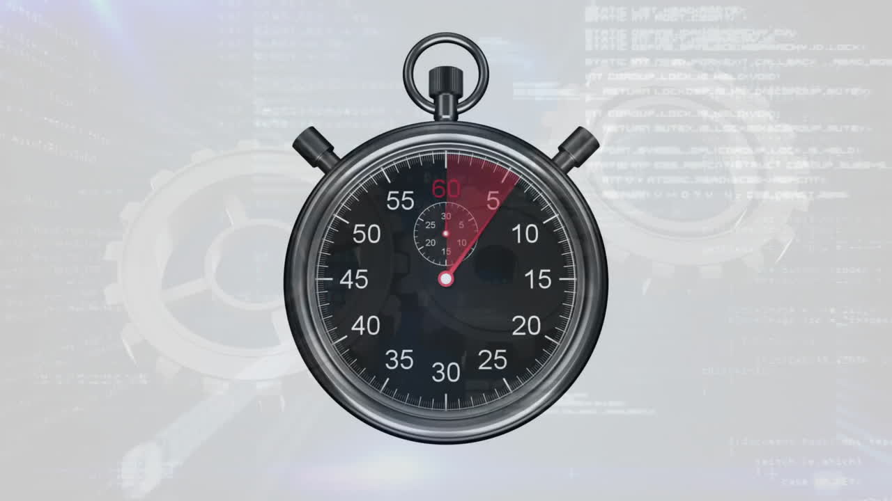 Animation of timer over data processing and cog wheels on white background