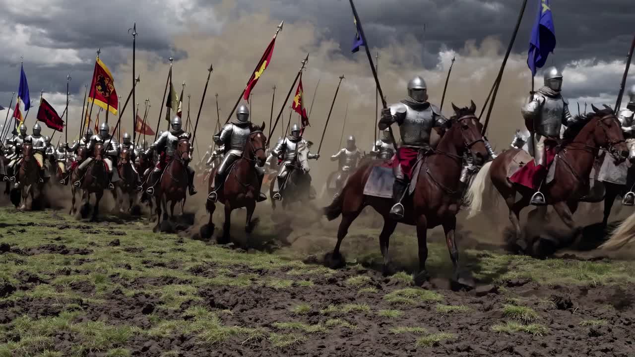 Video drammatico dal basso verso l'alto di cavalieri a cavallo che caricano in avanti, bandiere al vento, sotto un cielo tempestoso