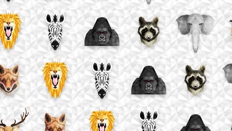 collection of different animals. zoo symbol. low polygon icons. lion, gorilla, zebra, raccoon, fox, elephant, deer, owl. geometric loop animation set.