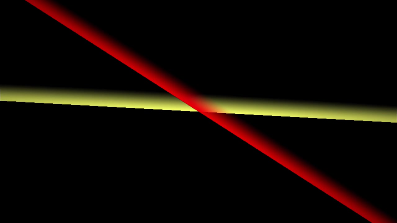 Animazione astratta con raggi di luce rossi e gialli incandescenti che si incrociano al centro su sfondo nero, creando un flusso di energia dinamico ed effetti visivi futuristici