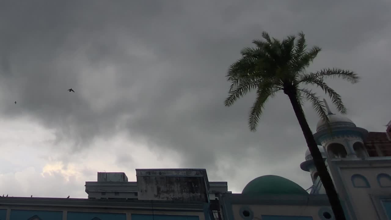 Stormy weather above Mosque in Sylhet Bangladesh, pigeon birds flying