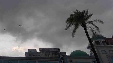 Stormy-weather-above-Mosque-in-Sylhet-Bangladesh,-pigeon-birds-flying