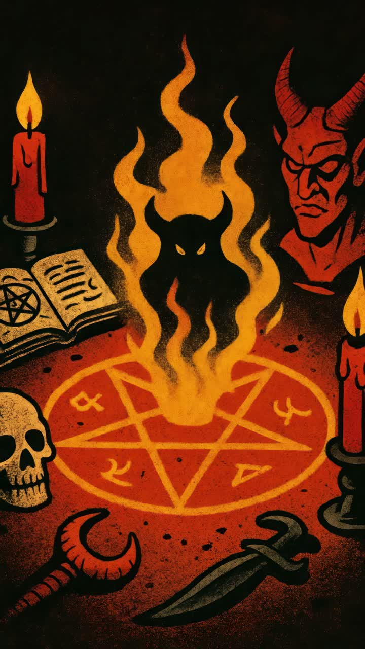 Luftfoto av en mystisk ritualscene med stearinlys, et pentagram og en demonisk skikkelse