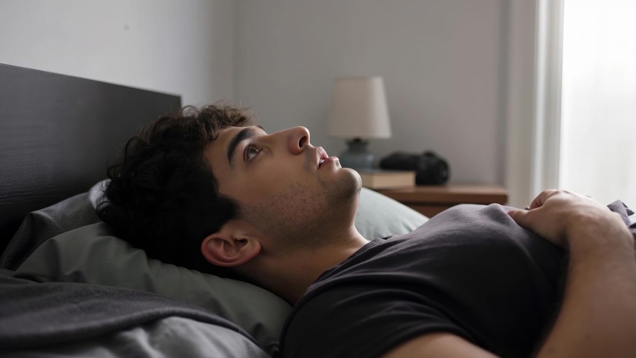 Joven pensativo acostado en la cama mirando al techo antes de cerrar los ojos