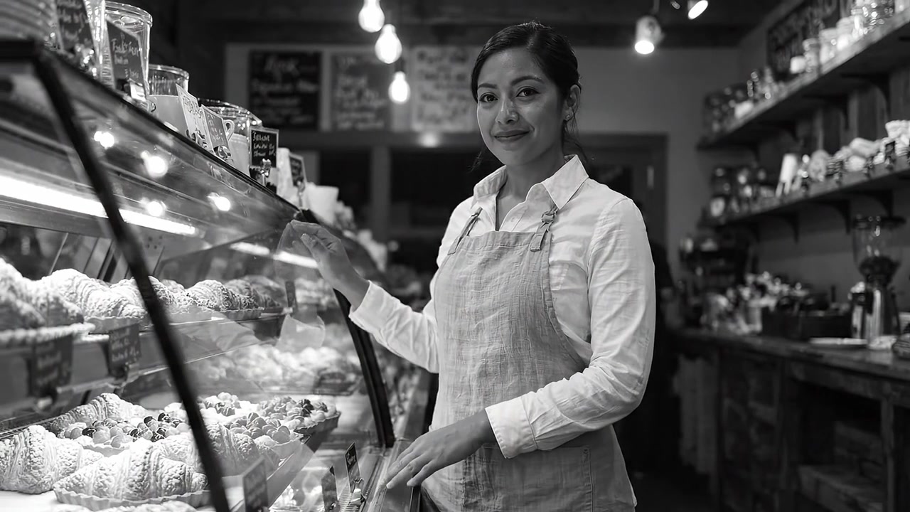 Una panettiera deliziata sta orgogliosamente nella sua panetteria, mostrando pasticcini e dolcetti appena sfornati a clienti soddisfatti in un'atmosfera affascinante.