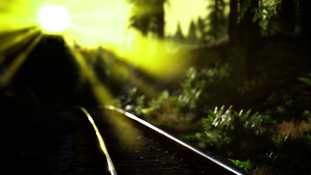 Sunlight filtering through trees over railway tracks in a tranquil forest