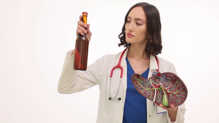 Doctor holding liver model and beer bottle